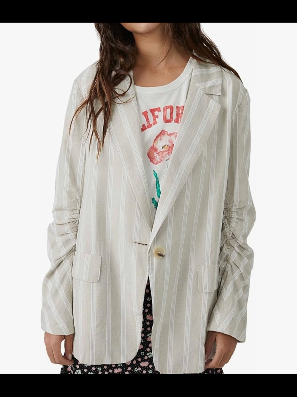 Free People Fern Striped Blazer Neutral Linen Look Ruched Sleeve S - Picture 2 of 11
